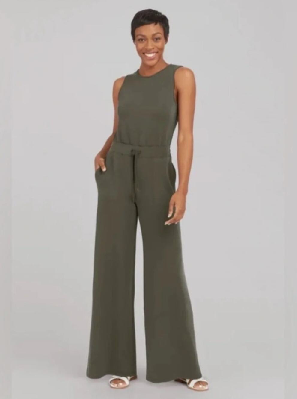 SPANX AirEssentials Sleeveless Wide Leg Jumpsuit Olive Green Sz M $178 {3U33}